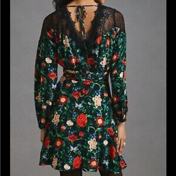 Anthropologie Black Lacy V Neck Dark Floral Butterfly Print Dress Size 2 NWT - Picture 2 of 10